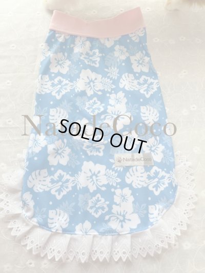 画像1: 水色ハイビスカス◆冷え冷えレースワンピース