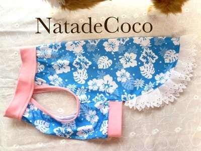 画像1: 水色ハイビスカス◆冷え冷えレースワンピース