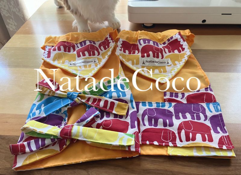 弱撥水加工生地◇虹色ゾウさん帯エプロン - Natade Coco -コーギー＆中型犬の手作り服屋さん-